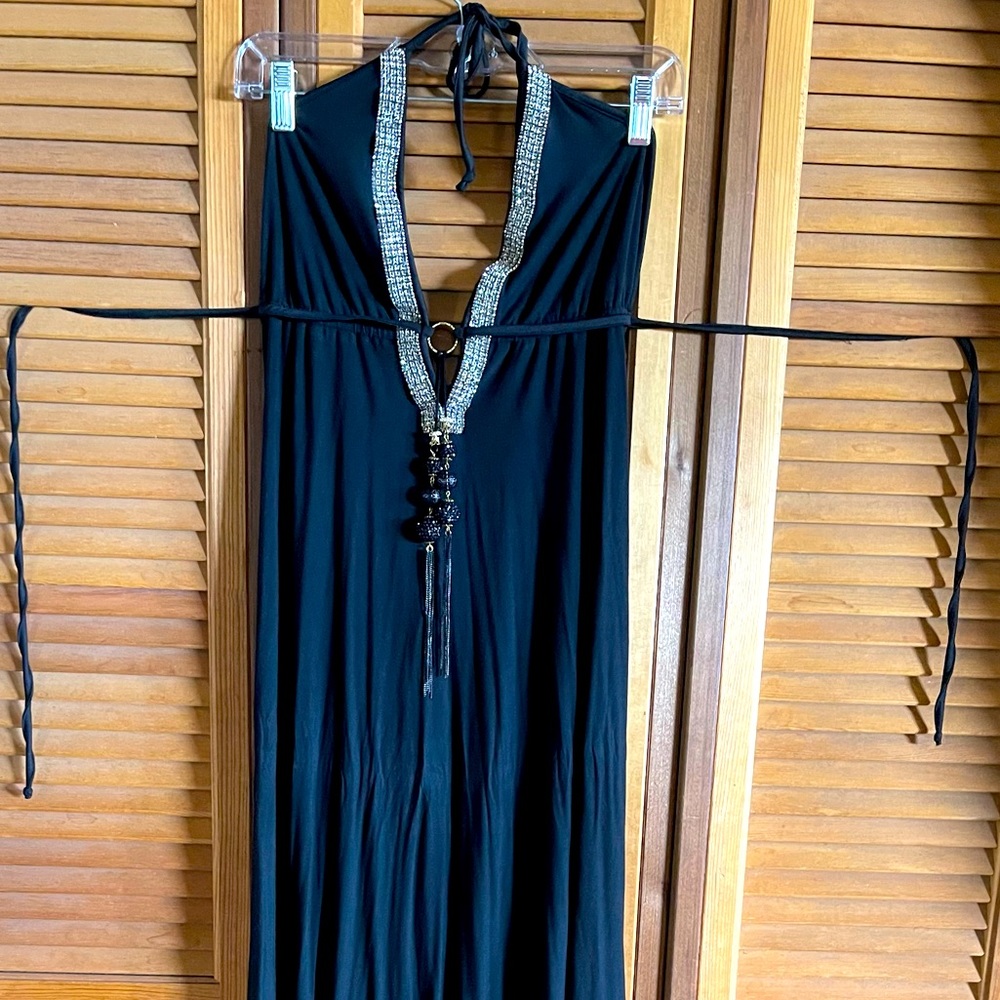 DONNATELLA Rhinestone halter low back long dress/gown black RARE